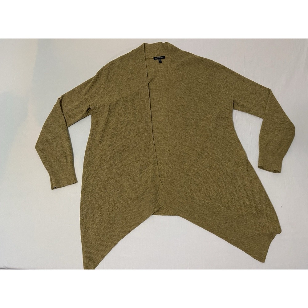Eileen Fisher cardigan Women Large Organic 100% Wool‎ Olive Open Front Old Money